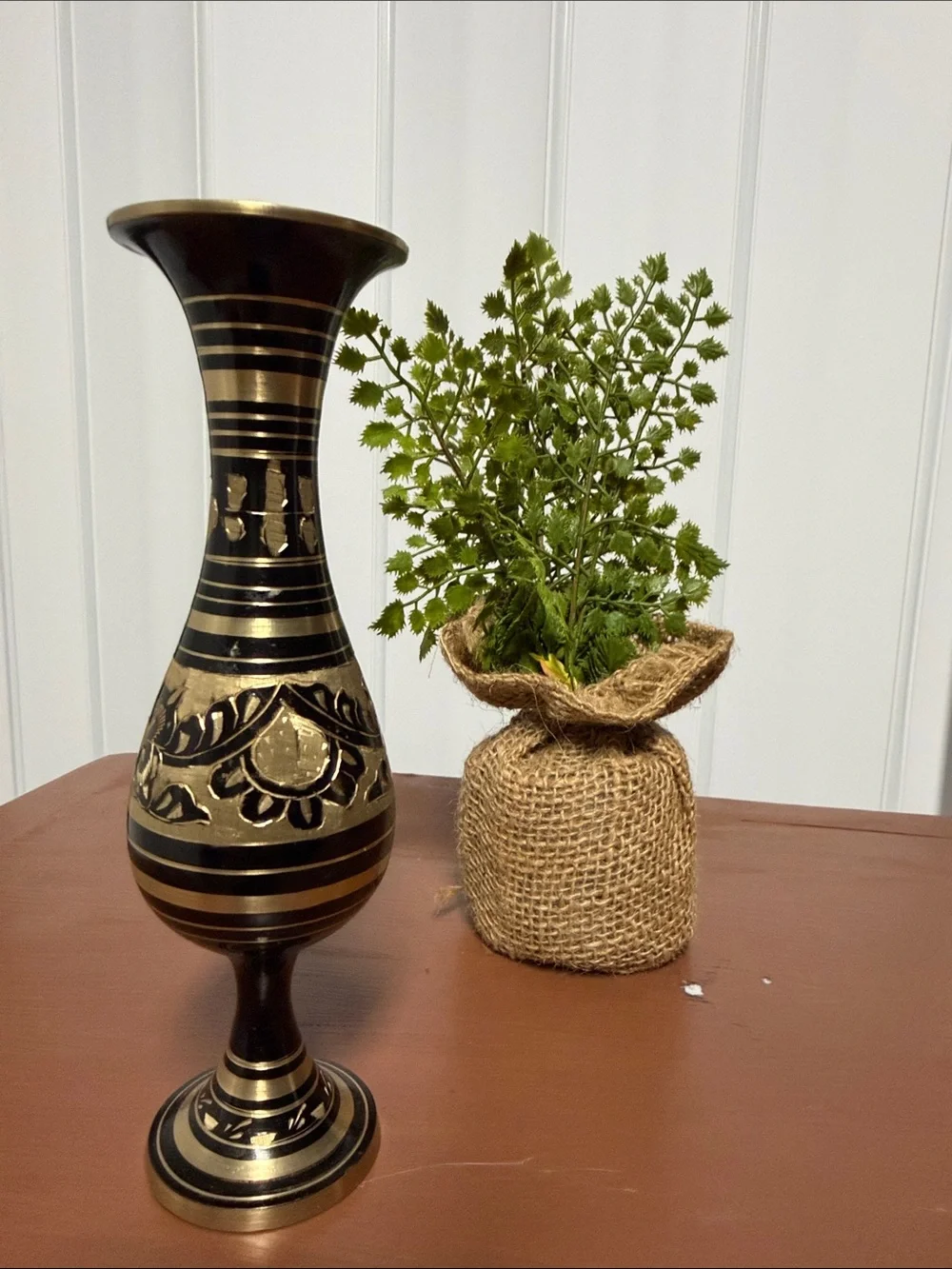 Black and Gold Etched Metal Vase - Decorative Accent